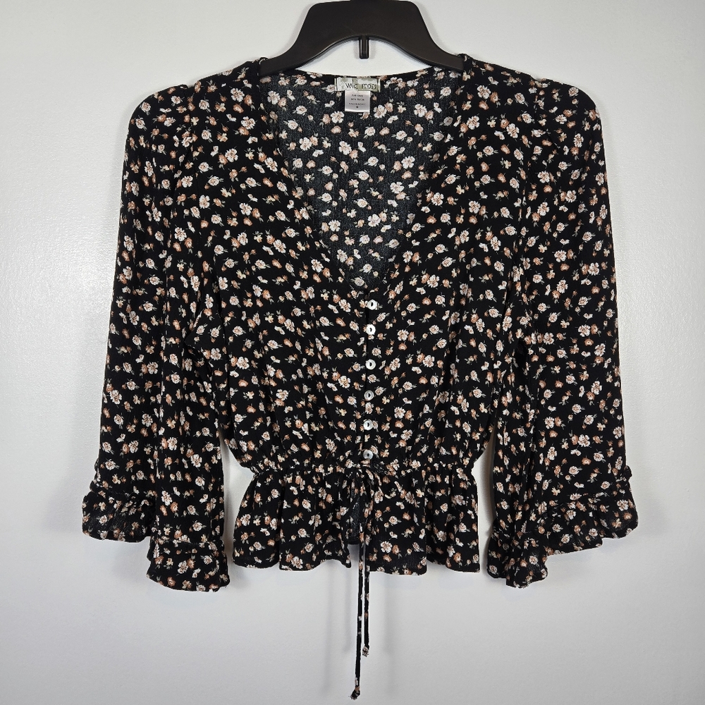 Wild Moss Ditsy Floral Ruffle Bell Sleeve Cottagecore Peplum Blouse Top Small